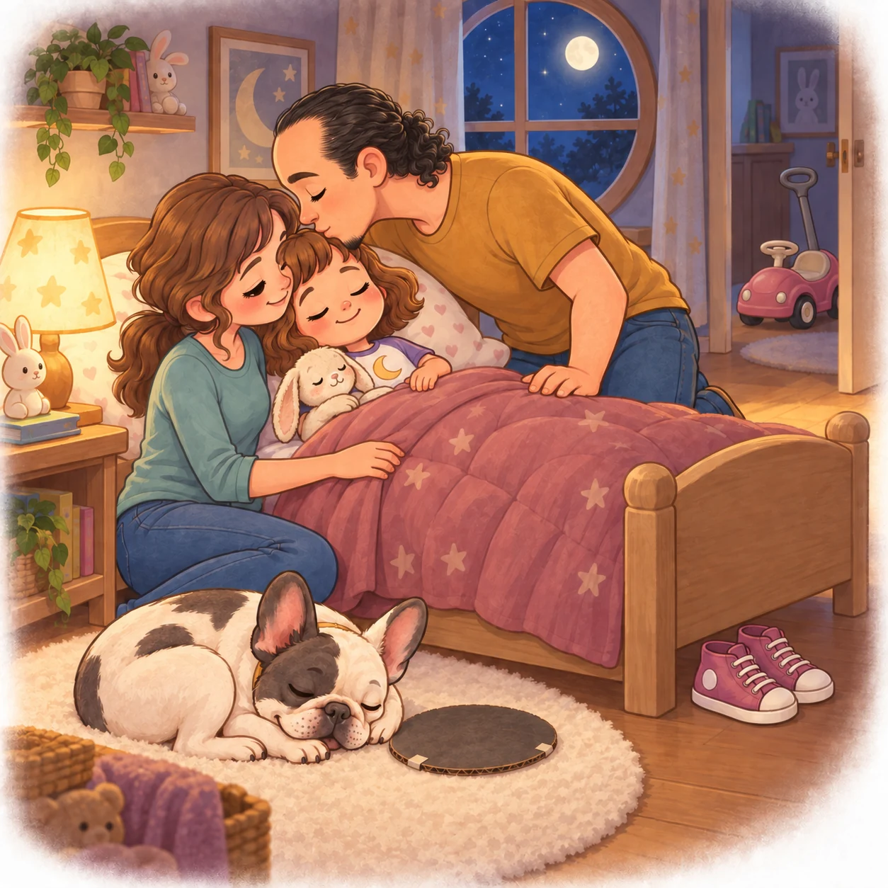 Aililuna’s parents tuck her into bed while her dog sleeps nearby.