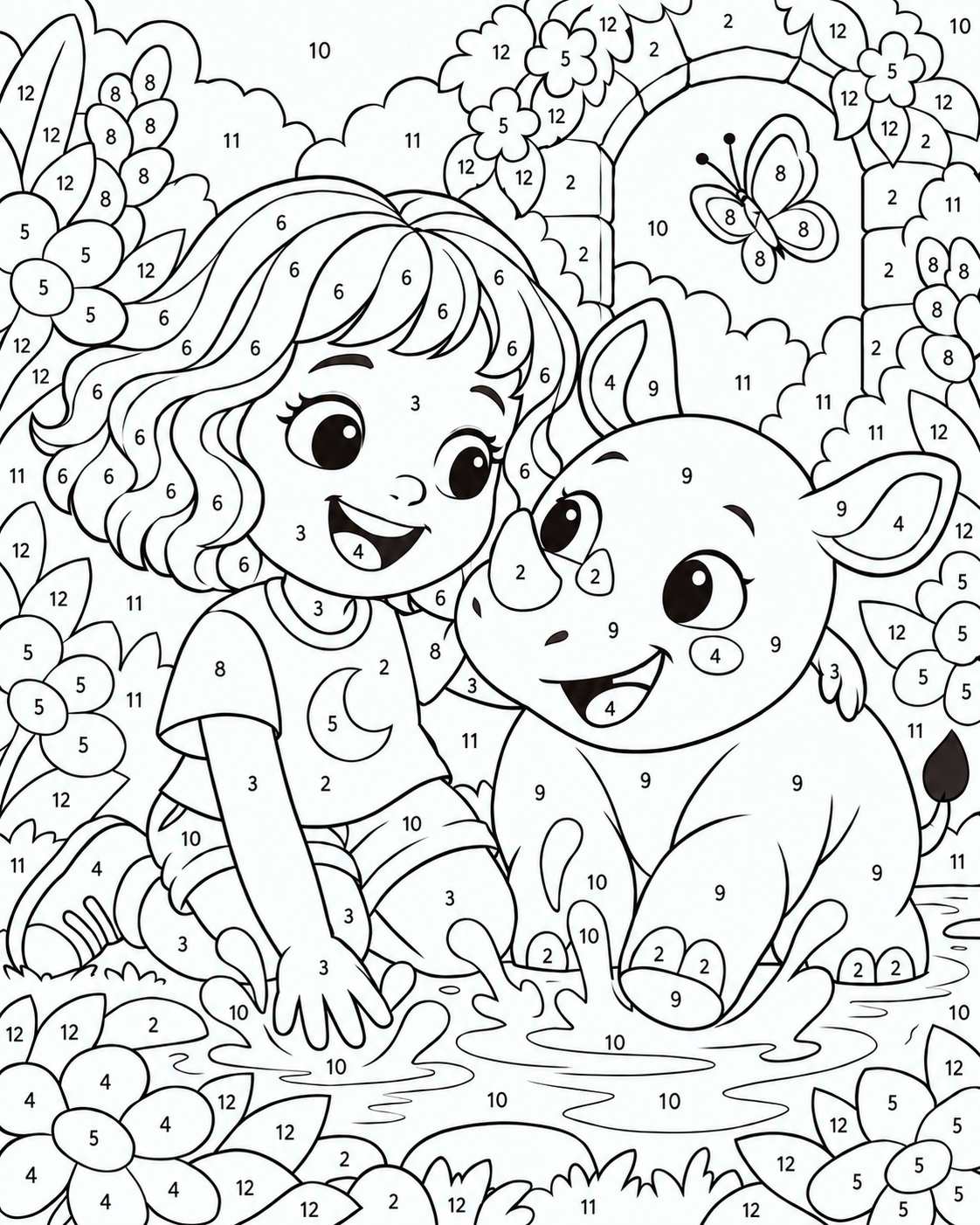 Example numbered garden scene with a little explorer and baby rhino